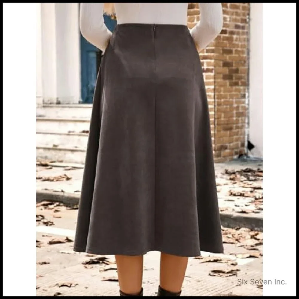 Faux Suede Midi Skirt High Waist A-Line Chic Fall Winter Elegant Minimal